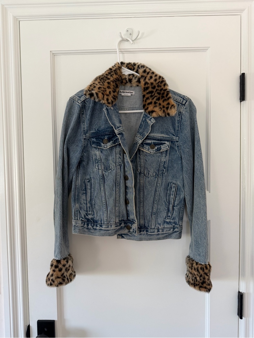Reformation Blue Denim Jacket with Leopard Faux-Fur Trim